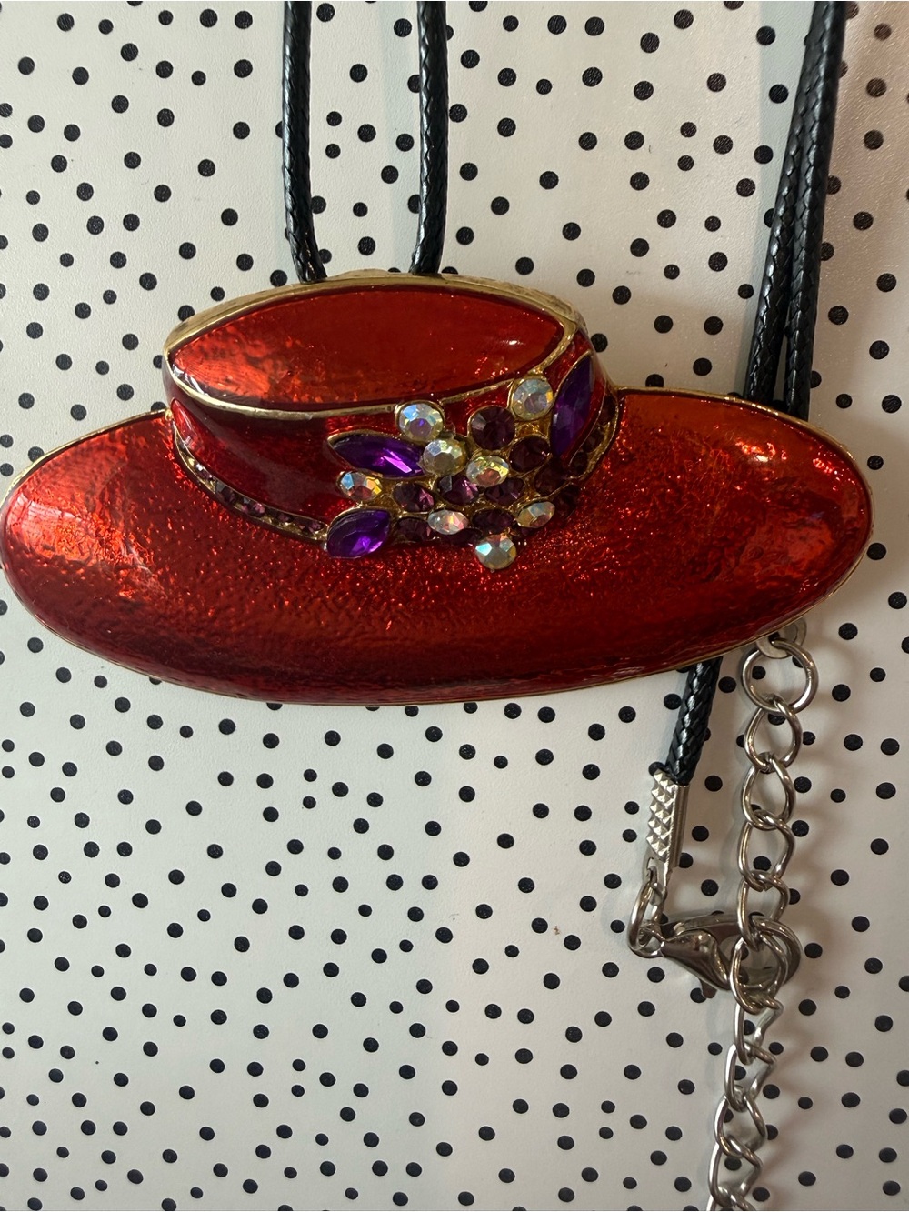 Necklace Red Hat Society Pendant Vintage Adjustable Black Chord